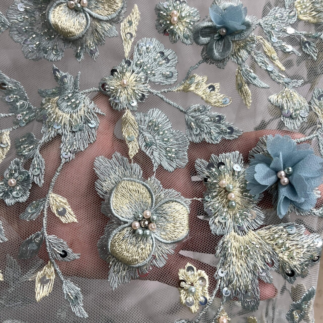 1 Yard Beaded 3D Floral Lace Fabric 51" Wide Embroidered Bridal, Quinceañera & Evening Dress Lace